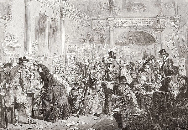 An infant orphan election at the London Tavern, Bishopsgate Street, England in the 19th century. These elections were held in May and November for children whose parents had once been in more prosperous circumstances, the children were put up for election in order to gain entrance into a variety of charitable institutions. After a painting by George Elgar Hicks. From The Illustrated London News, published 1865