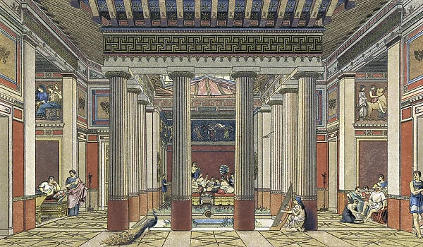 Interior of a rich persons home in Ancient Greece. After a late 19th century work by lithographer Friedrich Gustave Nordmann