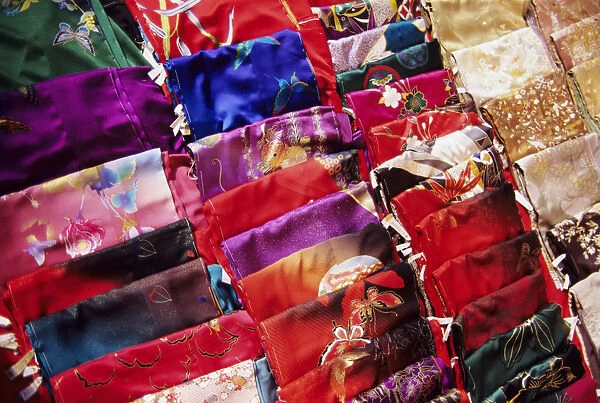 Japan, Beautiful Display Of Many Colorful Silks