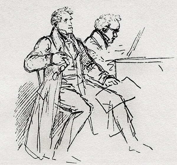 Johann Michael Vogl, left, 1768 - 1840. Austrian baritone singer and composer. Franz Peter Schubert, right, 1797 - 1828. Austrian composer. Vogl was the first prominent interpreter of Schuberts songs. After a sketch by Moritz von Schwind. From The Golden Age of Vienna, published 1948