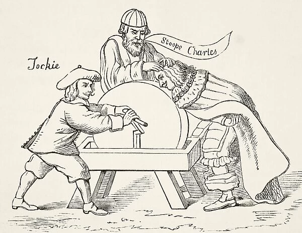 King Charles I Of England On The Grindstone Of Scottish Presbyterian Intolerance. A Cartoon From 1651. From The National And Domestic History Of England By William Aubrey Published London Circa 1890