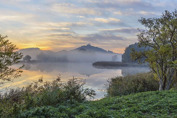 Landscape at Sunrise with Wachsenburg Castle and Lake in Morning Mist, Drei Gleichen, Ilm District, Thuringia, Germany
