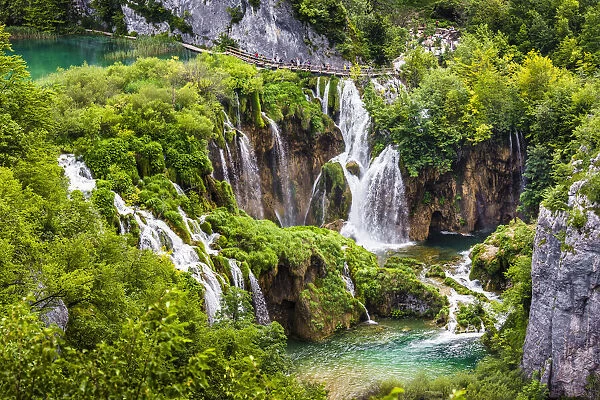 The large waterfall and lush vegetation at Plitvice Lakes National Park in Lika-Senj county in Croatia