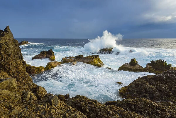 Lava Rock Coast at Sunrise with Breaking Waves, Charco del Viento, La Guancha, Tenerife, Canary Islands, Spain