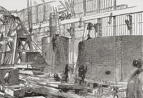 Laying down turret for the HMS Victoria in the bridge yard at the Armstrong, Mitchell & Co. Elswick yard, Newcastle upon Tyne, England. From Great Engineers, published c. 1890