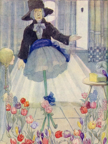 Little Idas Flowers, Illustration From The Golden Wonder Book Published 1934. She Hopped Upon Her Three Stilts In The Middle Of The Flowers And Stamped The Floor Merrily With Her Feet