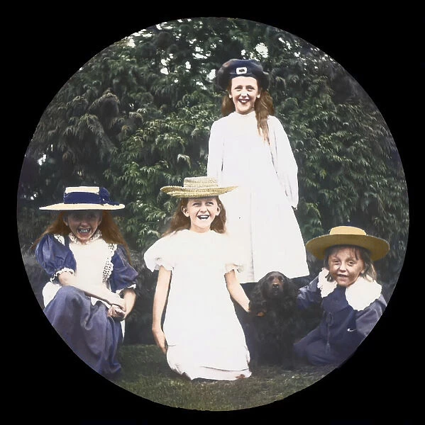 Magic Lantern slide circa 1880, Victorian  /  Edwardian, social history. Four children and a dog pose for a family photograph