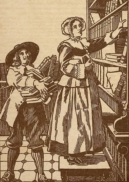 Male And Female Booksellers Working In 17Th Century Bookshop