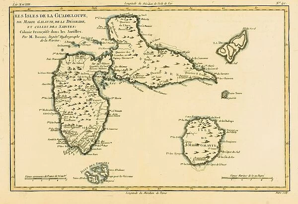 Map Of The French Indies Or French Caribbean Circa. 1760. From 'Atlas De Toutes Les Parties Connues Du Globe Terrestre 'By Cartographer Rigobert Bonne. Published Geneva Circa. 1760