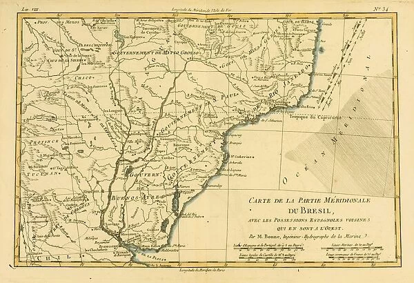 Map Of Southern Brazil, Circa. 1760. From 'Atlas De Toutes Les Parties Connues Du Globe Terrestre 'By Cartographer Rigobert Bonne. Published Geneva Circa. 1760