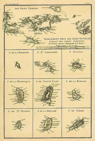 Map Of The Supplementary West Indies Circa. 1760. From 'Atlas De Toutes Les Parties Connues Du Globe Terrestre 'By Cartographer Rigobert Bonne. Published Geneva Circa. 1760