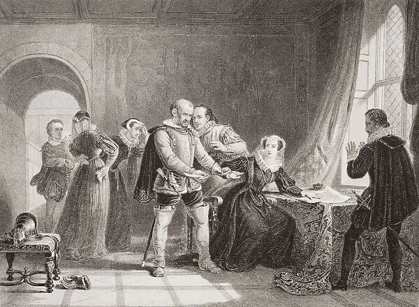 Mary Queen Of Scots Compelled To Sign Her Abdication In Lochleven Castle, 1567. Engraved By Thomas Brown After Sir. William Allan. From The Book 'Illustrations Of English And Scottish History'Volume 1
