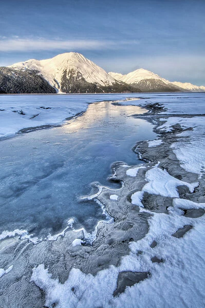Morning Light On The Kenai Mountains Reflects On The Waters And Ice Of Turnagain Arm, Southcentral Alaska, Winter. Hdr