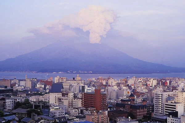 Mount Sakurajima Erupting In Front Of Skyline