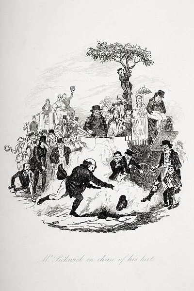 Mr. Pickwick In Chase Of His Hat. Illustration From The Charles Dickens Novel The Pickwick Papers By Robert Seymour, 1800-1836
