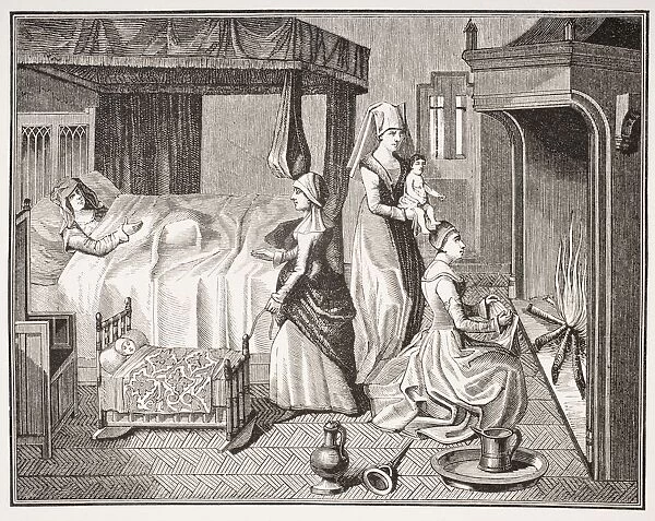 The New Born Child. 19Th Century Reproduction From A 15Th Century Miniature In Histoire De La Belle Helaine
