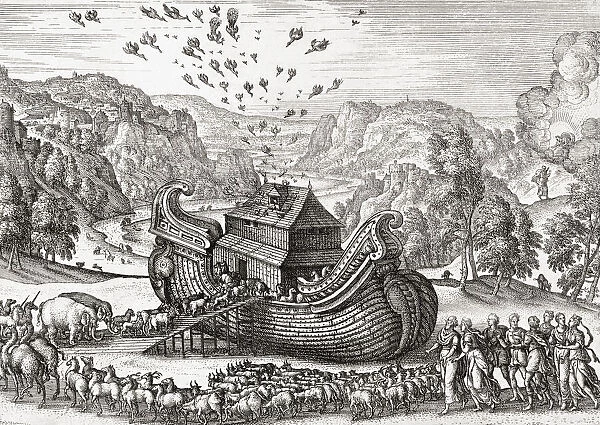 Noah, his family, the animals and birds enter the ark. After a 17th century print