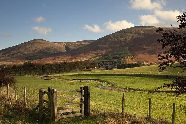 Northumberland, England; A Fence Along A Field And Hills