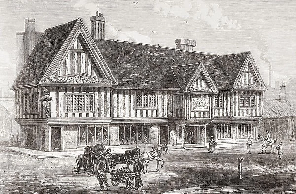 The Old Crown, a pub in Deritend, the oldest extant secular building in Birmingham, England, seen here in 1865. From The Illustrated London News, published 1865