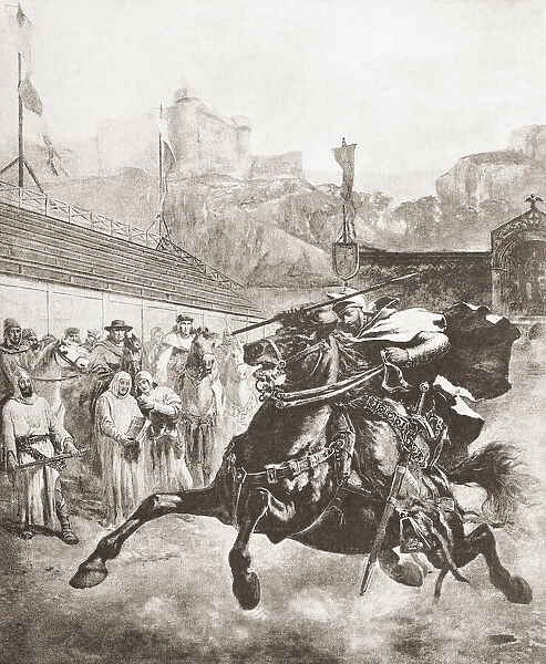 Pedro II of Aragon arriving for a proposed duel with Charles of Anjou in 1283 to bring to a rapid end The War of the Sicilian Vespers or War of the Vespers. The duel never actually took place as Pedro arrived early and finding nobody there forced a notary to record the absence, and therefore defeat, of the enemy, likewise Charles arriving later also found nobody there and declared his victory. From Ilustracion Artistica, published 1887