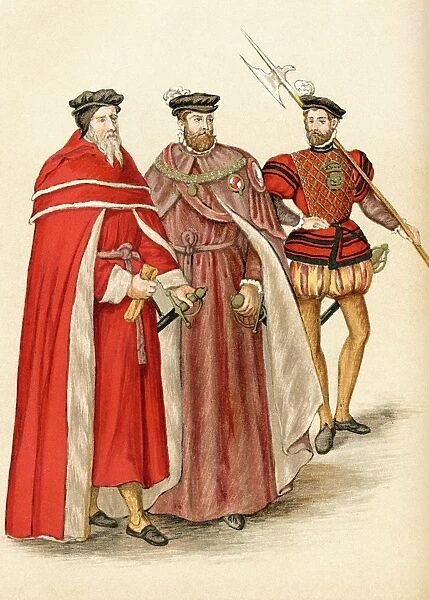 Two Peers In Their Robes, And A Halberdier During The Elizabethan Era. From The Book Short History Of The English People By J. R. Green, Published London 1893