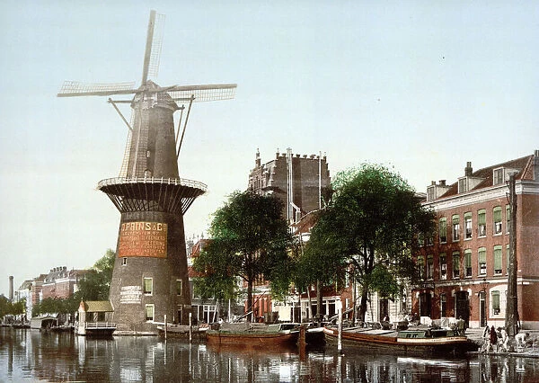 photomechanical print dated to 1900, depicting a working flour mill and windmill in Amsterdam, Nethe