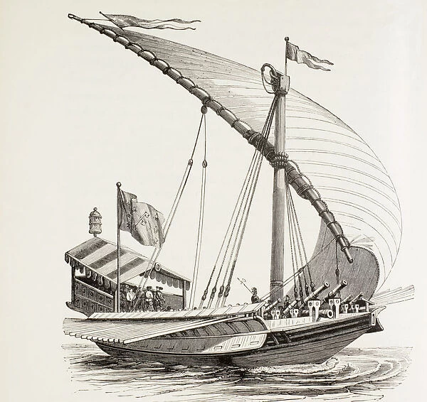 Pontifical Galley With Sails, Oars And Heavy Artillery. It Is Flying The Papal Flag. After A Drawing By Breugal The Elder. From Military And Religious Life In The Middle Ages By Paul Lacroix Published London Circa 1880