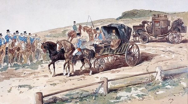 A Postillion Mounted On A Carriage Horse. A Coach In The Background. 19Th Century. After A Watercolour By A. Heins. From Cortege Historique Des Moyens De Transport. Published Brussels, 1886
