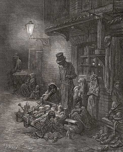Poverty stricken citizens of Houndsditch, East End, London. After an engraving by Gustave Dore in the book London: A Pilgrimage by Gustave Dore and Blanchard Jerrold, published 1872