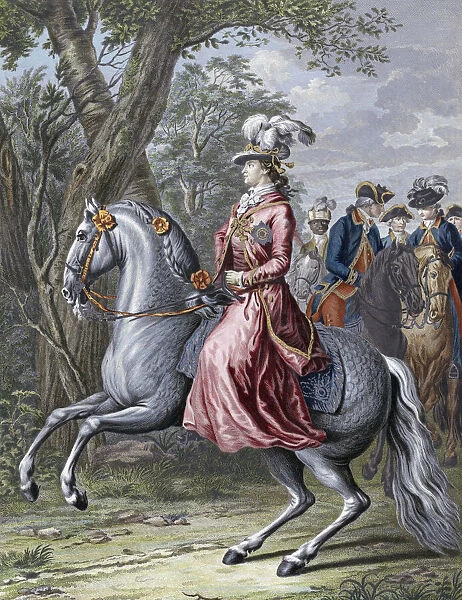 Princess Wilhelmina of Prussia, Princess of Orange, full name Frederika Sophia Wilhelmina, 1751 - 1820. Wife of William V, Prince of Orange. After an equestrian portrait engraved by Reinier Vinkeles based on the painting by Tethart Philip Christian Haag