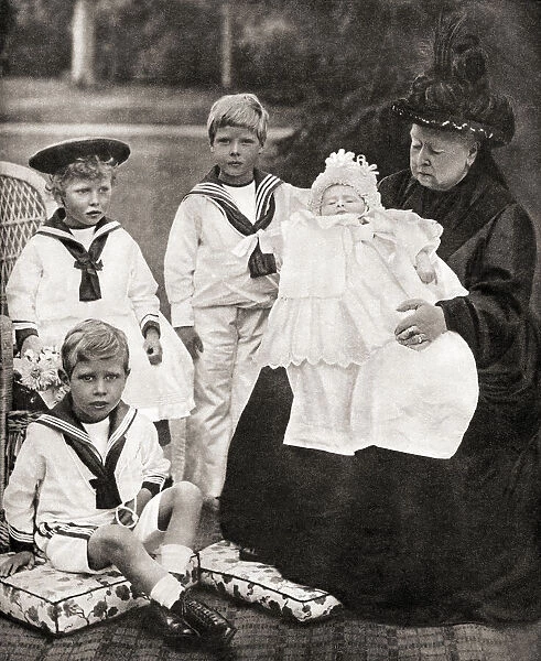 Queen Victoria and her great grand-children, from left to right, Prince Albert (future George VI), Princess Mary (Princess Royal), Prince Edward (future Edward VIII) and Prince Henry (future Duke of Gloucester), seen here in 1900. Victoria, 1819 - 1901. Queen of the United Kingdom of Great Britain and Ireland