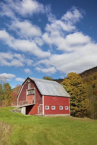 Red Barn With Blue Sky Along Route 100 In Autumn; Hancock, Vermont, United States Of America