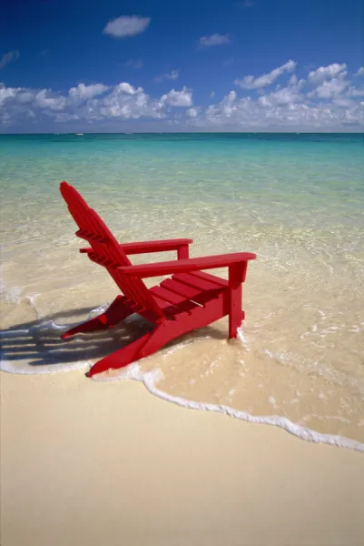 Red Beach Chair Along Shoreline, Turquoise Ocean, Calm