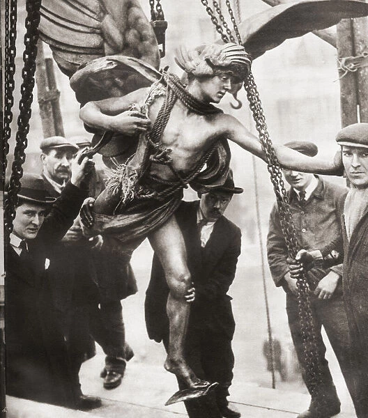 The removal of the statue of Eros from Piccadilly Circus to Embankment Gardens in 1925 during the reconstruction of Piccadilly Tube Station. From These Tremendous Years, published 1938