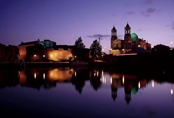 River Shannon, Athlone, County Westmeath, Ireland; Riverside Town At Night