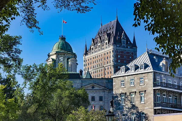 Rooftops of the Musee du Fort and the Chateau Frontenac in Old Quebec in Quebec City, Quebec, Canada