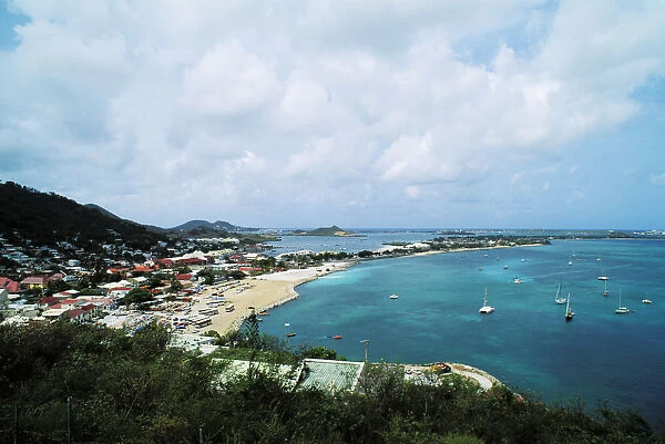 Saint Martin, view of coastal town and harbor; Caribbean, Overlooking Marigot from fort