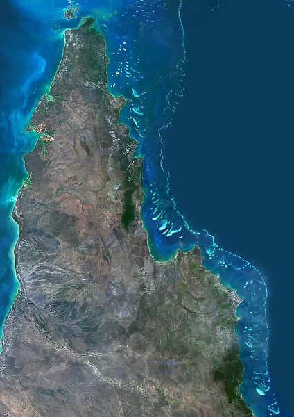 Satellite view of Northern Great Barrier Reef, East coast of Cape York Peninsula, North Australia