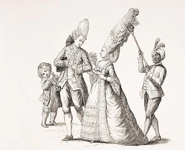 A Satire On Womens Extreme Hairdos In 18Th Century Paris. A Servant Walks Behind Holding The Hair In Place With A Forked Stick. From Xviii Siecle Institutions, Usages Et Costumes, Published Paris 1875