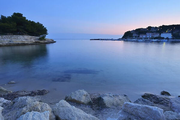 Sea Bay with Harbor at Dusk in Summer, Port des Tamaris, La Couronne, Martigues, Cote Bleue, Mediterranean Sea, Bouches-du-Rhone, Provence-Alpes-Cote d Azur, France