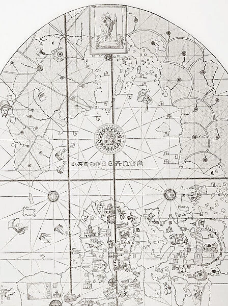 The sea chart of Juan de la Cosa. Juan de la Cosa, c. 1450 - 1510. Spanish navigator and cartographer. Owner and captain of the Santa Maria, ship used by Christopher Columbus during his first and second voyages to the West Indies. From La Ilustracion Espanola y Americana, published 1892