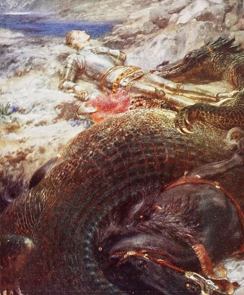 St. George And The Dragon. After A Painting By Briton Riviere. From King AlbertA┼¢S Book, Published 1915. Here St George Is Asleep And His Horse Appears To Be Dead. Probably He Represents A Sleeping Belgium Or Perhaps A Slumbering Europe. The Dragon Appears To Have Killed His Horse. The Dragon Represents The German Invader. But, Of Course, St George Will Awake And Repel Or Kill The Dragon. Iconographic Propaganda