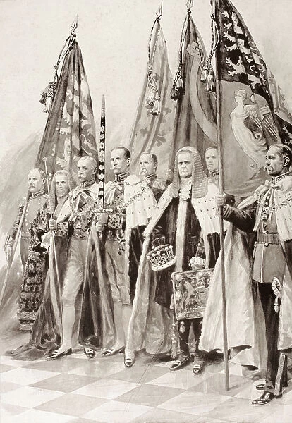The Standard Bearers Of George V During His Coronation Ceremony In 1910. From Left To Right, Mr. Frank S. Dymoke, The Kings Champion Bearer Of The Standard Of England, Sir. Samuel Walker, Lord Chancellor Of Ireland, Earl Carrington, The Earl Of Crewe, Bearer Of The Sword Of State, Mr. Henry Scrymgeour Wedderburn, Bearer Of The Standard Of Scotland, The Earl Of Halsbury, The Lord High Chancellor, The O conor Don, Bearer Of The Standard Of Ireland And The Duke Of Wellington, Bearer Of The Union Standard. From The Illustrated London News, 1910