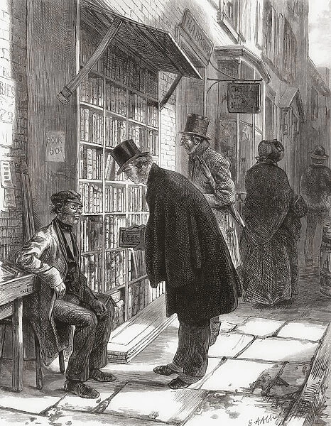 A street bookstall in New York in the 1870 s. After a work by Edwin Austin Abbey in Harpers Weekly, February 28, 1874