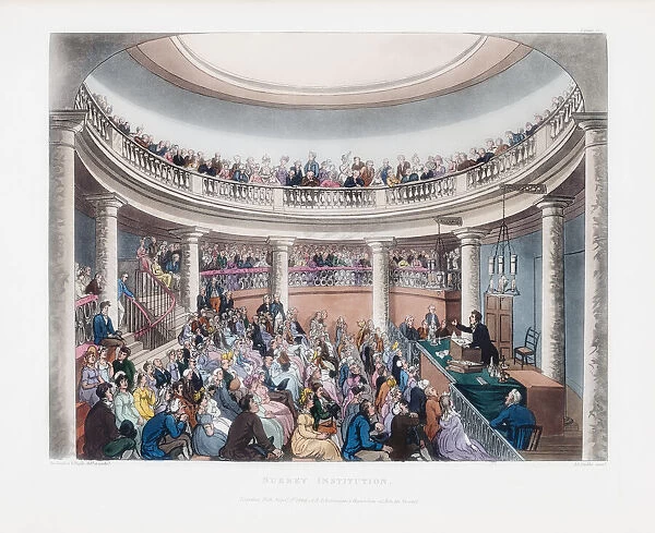 The Surrey Institution. After a work by Thomas Rowlandson and Augustus Pugin. The London based Surrey Institution was dedicated to scientific and artistic education and research. It existed from 1807-1823; Illustration