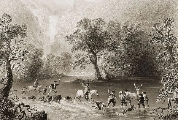 Taking A Stag Near Derrycunniky Cascade, Killarney, County Kerry, Ireland. Drawn By W. H. Bartlett, Engraved By H. Griffiths. From 'The Scenery And Antiquities Of Ireland'By N. P. Willis And J. Stirling Coyne. Illustrated From Drawings By W. H. Bartlett. Published London C. 1841