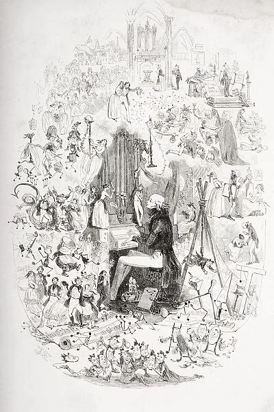 Tom Pinch At The Organ. Frontispiece Illustration From The Charles Dickens Novel Martin Chuzzelwit By H. K. Browne Known As Phiz