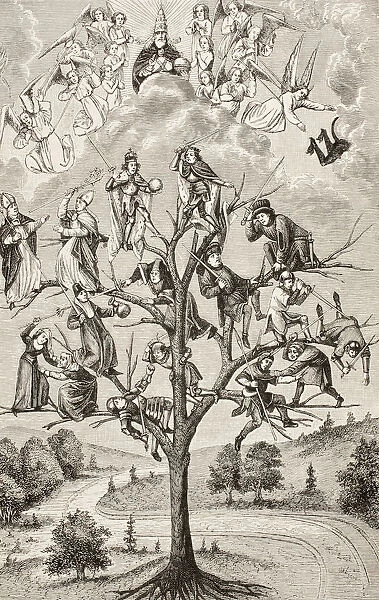 The Tree Of Battles. Allegorical Figures Representing The Discord Existing Between Social Classes. After A 15Th Century Manuscript. From Military And Religious Life In The Middle Ages By Paul Lacroix Published London Circa 1880