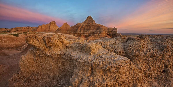 Twilight over the hoodoos and rock formations in badlands national park; south dakota united states of america