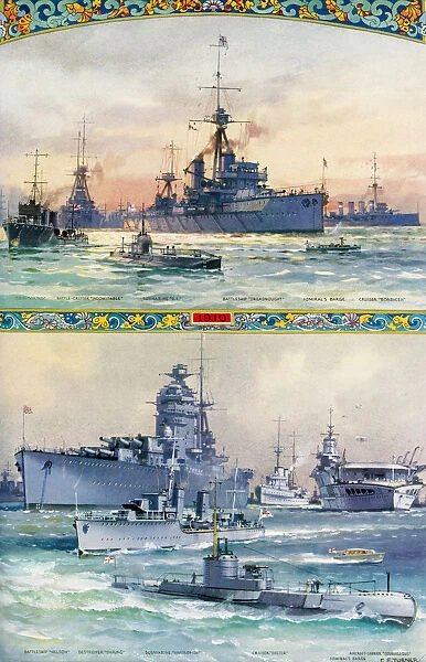 Types Of British Warships As They Were In 1910, Above, And As They Are In 1935, Below. From The Illustrated London News, Silver Jubilee Record Number, 1910 - 1935